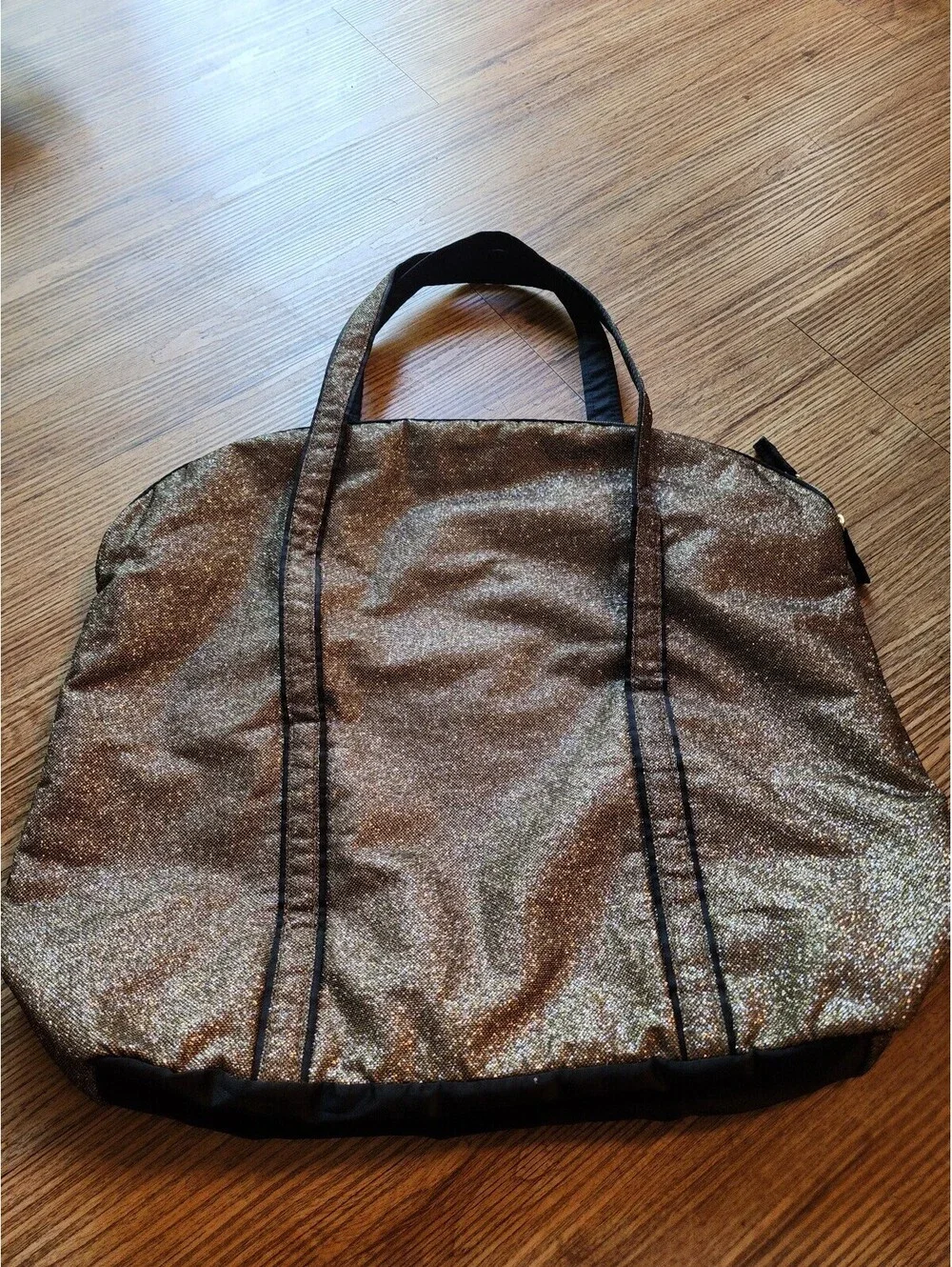 Victoria's Secret Gold Glitter Tote Bag with Black Accents and Dual Handles